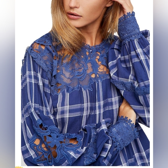 EUC Free People Darling Diana plaid lace boho top small - Picture 2 of 5